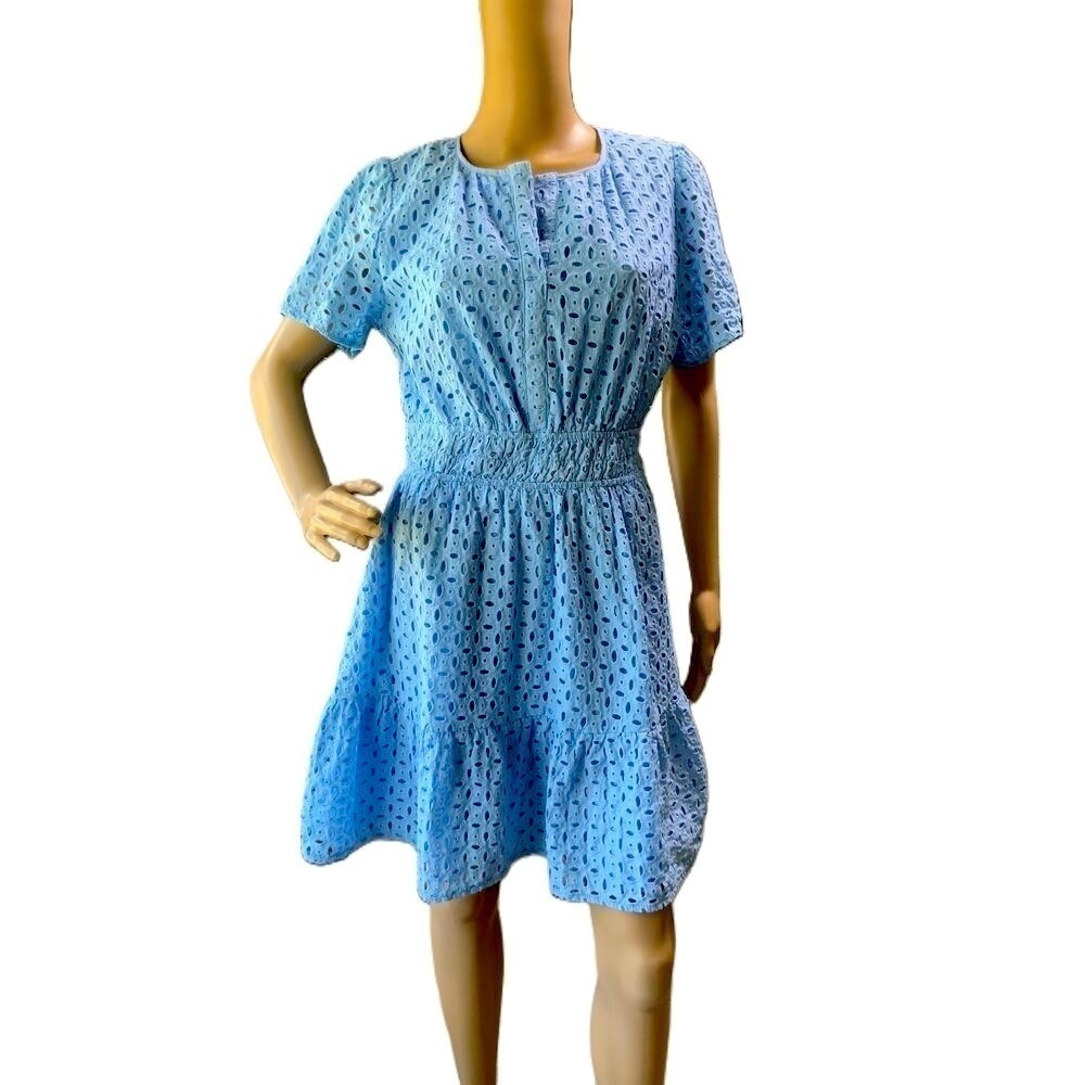 Pretty Garden Blue Embroidered Short Sleeve A-line Knee-length Dress Size Medium